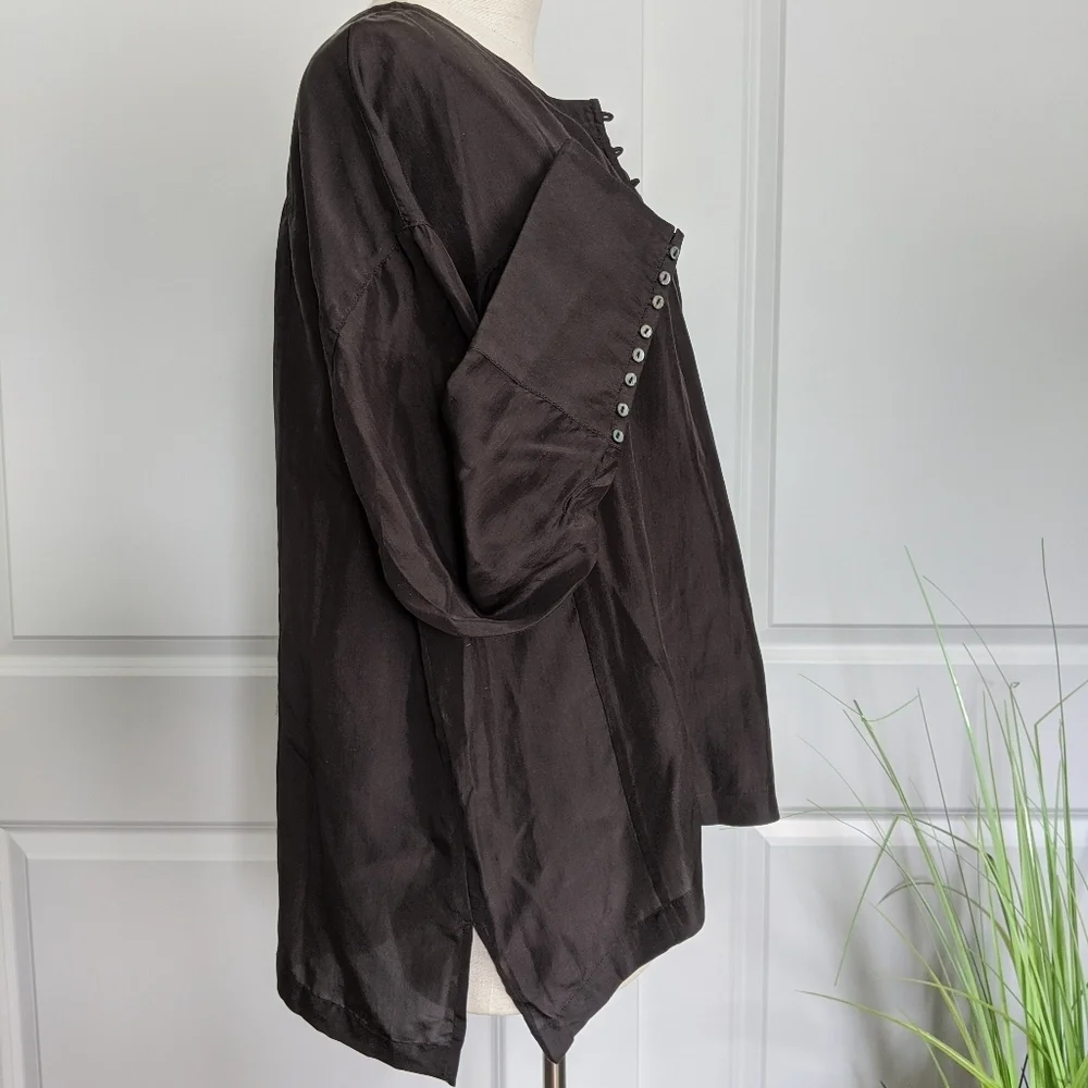 Free People Silk Blouse Button Front Long Sleeve Shirred Oversized Black M NWT